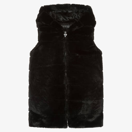 Guess-Girls Black Plush Faux Fur Gilet | Childrensalon