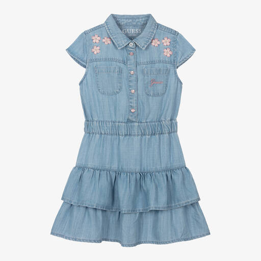 Guess-Голубое платье из шамбре с цветами для девочек | Childrensalon
