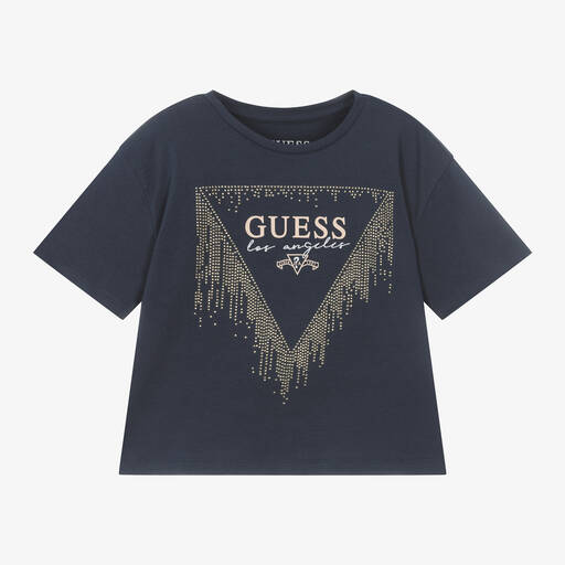 Guess-Girls Blue Cotton Diamanté T-Shirt | Childrensalon