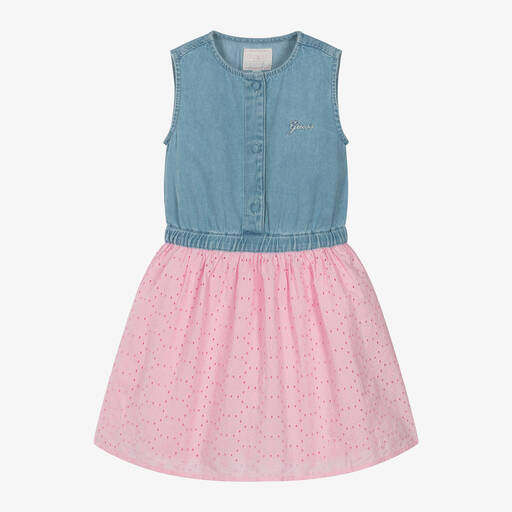 Guess-Girls Blue Denim & Pink Broderie Dress | Childrensalon