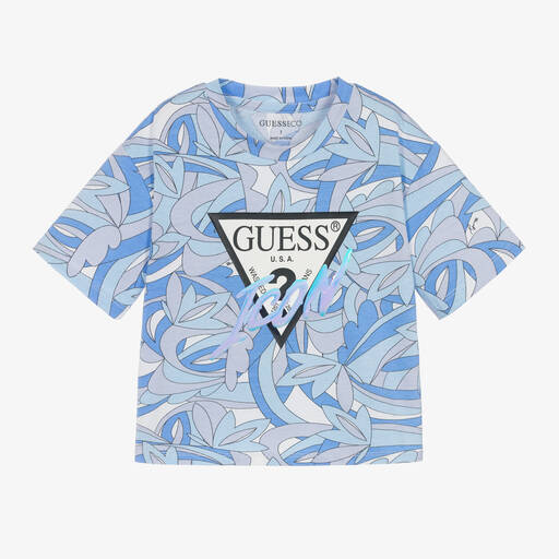 Guess-Girls Blue Icon Cotton T-Shirt | Childrensalon