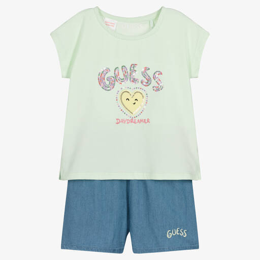 Guess-Girls Green Top & Blue Chambray Shorts Set | Childrensalon
