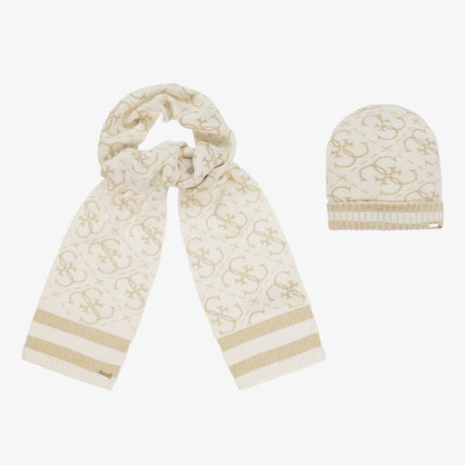 Guess-Кремово-золотистый вязаный шарф и шапка для девочек | Childrensalon