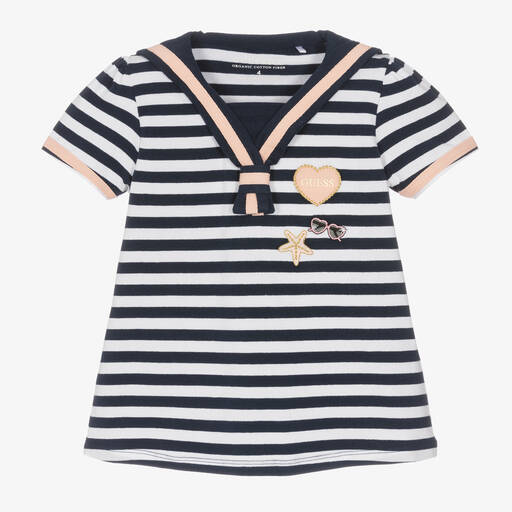 Guess-Girls Navy Blue Stripe Cotton T-Shirt | Childrensalon