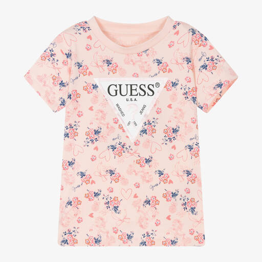 Guess-Girls Pink Cotton Floral T-Shirt | Childrensalon