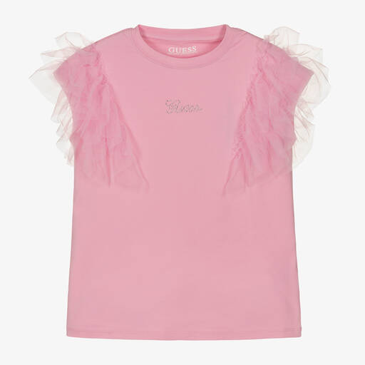 Guess-T-shirt rose en coton à volants fille  | Childrensalon