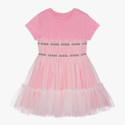 Guess-Розовое платье из хлопка и тюля для девочек | Childrensalon