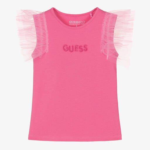 Guess-Girls Pink Cotton Tulle Sleeve T-Shirt | Childrensalon