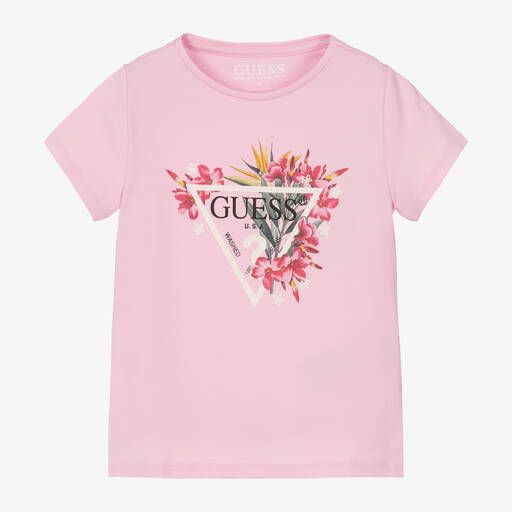 Guess-Girls Pink Floral Cotton T-Shirt | Childrensalon