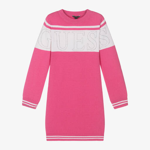 Guess-Girls Pink Knitted Diamanté Logo Dress | Childrensalon