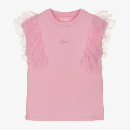 Guess-Girls Pink Organic Cotton & Tulle T-Shirt | Childrensalon