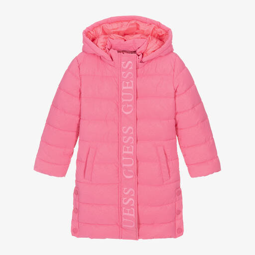 Guess-Girls Pink Repeat Logo Puffer Coat | Childrensalon