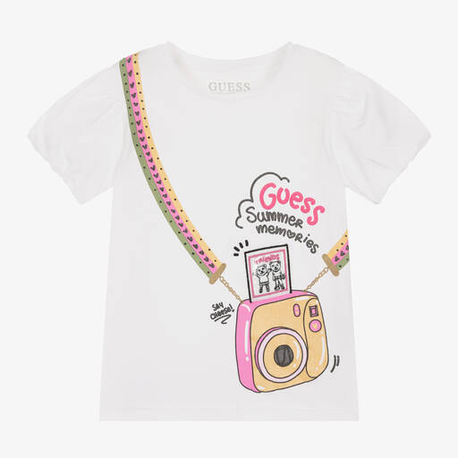 Guess-Girls White Cotton Camera T-Shirt | Childrensalon