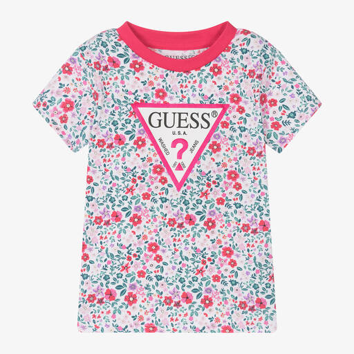 Guess-Girls White Cotton Floral T-Shirt | Childrensalon