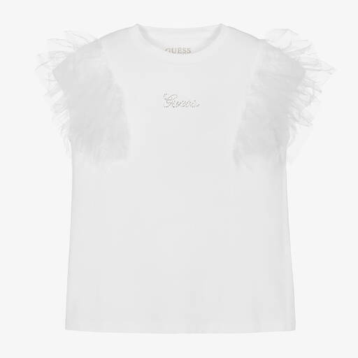 Guess-Girls White Cotton Frilled T-Shirt  | Childrensalon