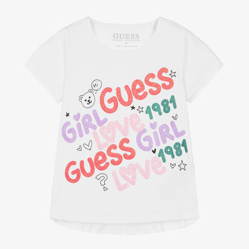 Guess-T-shirt blanc pailleté en coton fille | Childrensalon