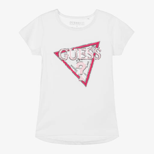 Guess-Girls White Cotton Sequin T-Shirt | Childrensalon