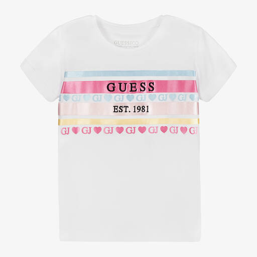 Guess-Girls White Cotton Stripe T-Shirt | Childrensalon