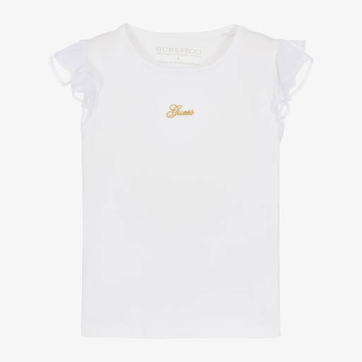 Guess-Girls White Cotton T-Shirt | Childrensalon
