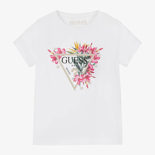 Guess-Girls White Floral Cotton T-Shirt | Childrensalon