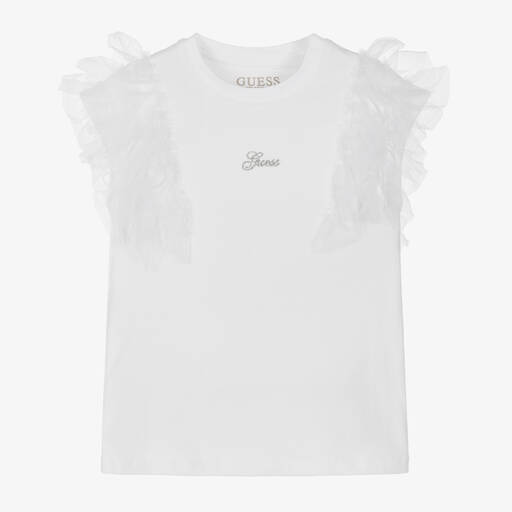 Guess-Girls White Organic Cotton & Tulle T-Shirt | Childrensalon