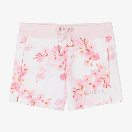 Guess-Girls White & Pink Cotton Blossom Shorts | Childrensalon