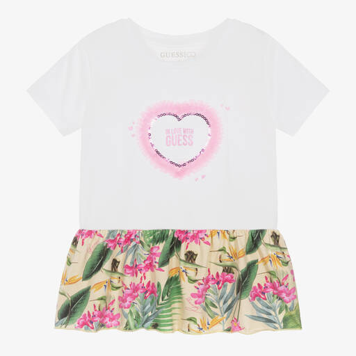 Guess-Girls White & Sequin Heart Cotton T-Shirt | Childrensalon