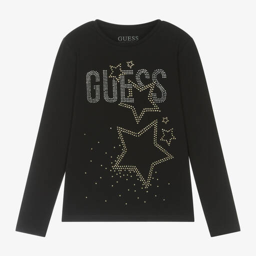 Guess-Junior Girls Black Cotton Diamanté Top | Childrensalon