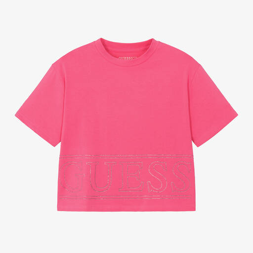 Guess-Junior Girls Pink Cotton Diamanté T-Shirt | Childrensalon