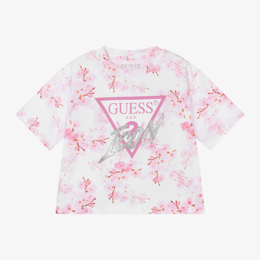 Guess-Junior Girls Pink & White Cotton T-Shirt | Childrensalon