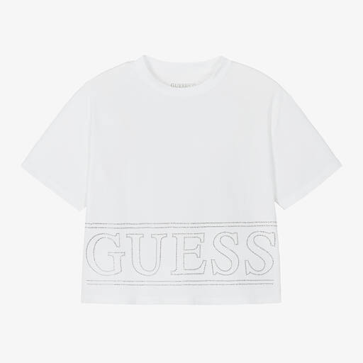 Guess-Junior Girls White Cotton Diamanté T-Shirt | Childrensalon