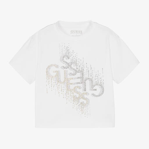 Guess-Junior Girls White Cotton Diamanté T-Shirt | Childrensalon