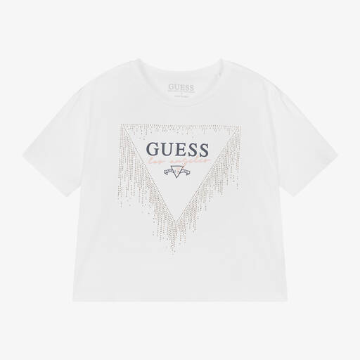 Guess-Junior Girls White Cotton Sparkly T-Shirt | Childrensalon