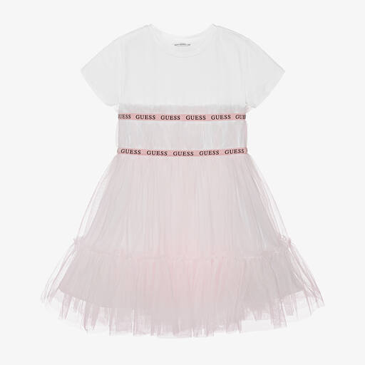 Guess-فستان قطن جيرسي لون أبيض وزهري فاتح | Childrensalon