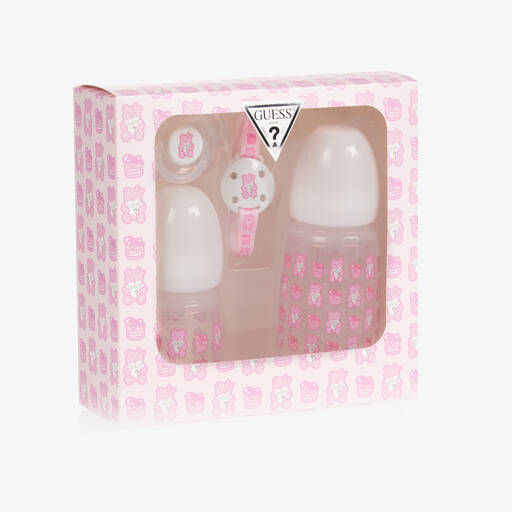 Guess-Pink Teddy Bear Bottle & Dummy Set | Childrensalon
