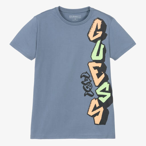 Guess-Teen Boys Blue Cotton Graffiti T-Shirt | Childrensalon