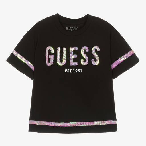 Guess-تيشيرت تينز بناتي قطن عضوي لون أسود مزين بترتر | Childrensalon