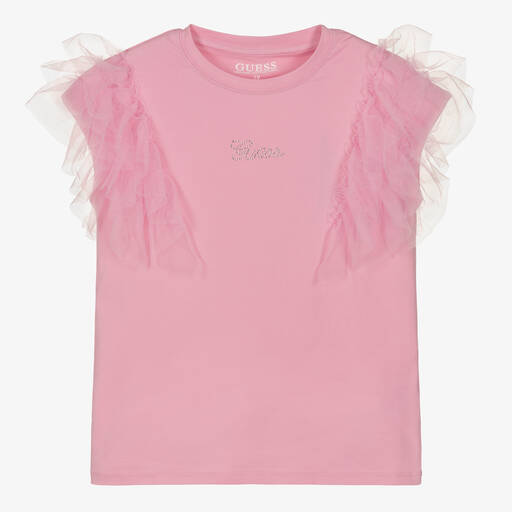 Guess-Розовая хлопковая футболка с рюшами для девочек-подростков  | Childrensalon