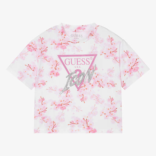 Guess-Teen Girls Pink & White Cotton T-Shirt | Childrensalon
