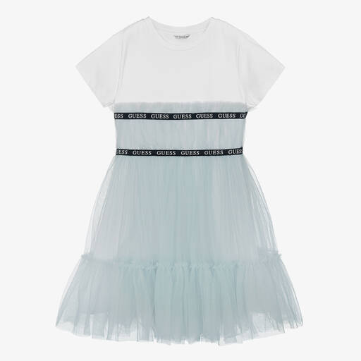 Guess-Teen Girls White & Blue Cotton & Tulle Dress | Childrensalon