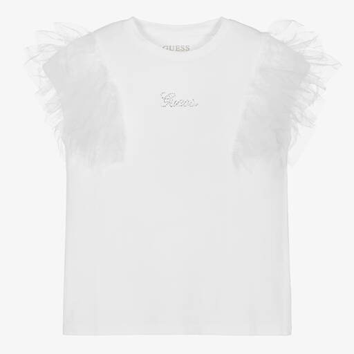 Guess-T-shirt blanc en coton à volants ado  | Childrensalon