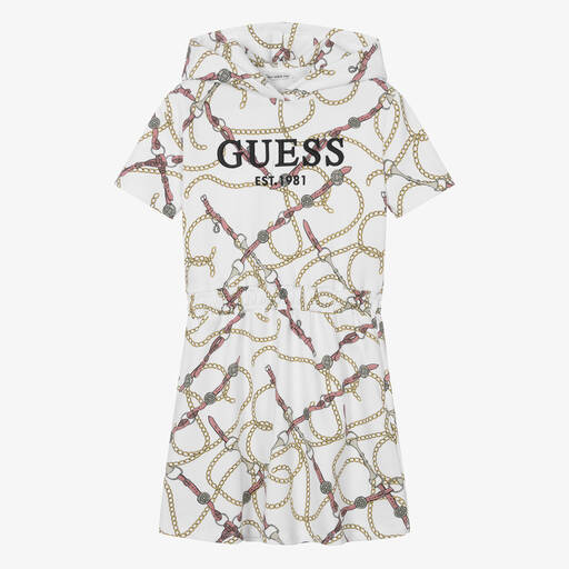 Guess-فستان هودي قطن جيرسي لون أبيض للمراهقات | Childrensalon