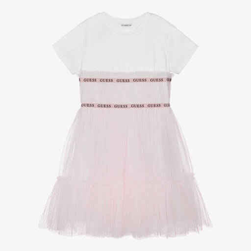 Guess-Teen Girls White & Pink Cotton & Tulle Dress | Childrensalon