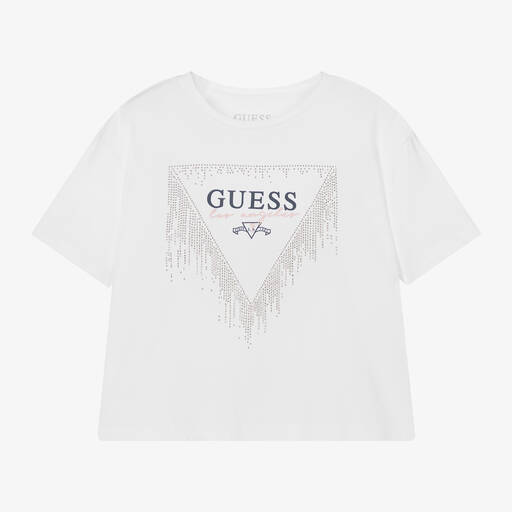 Guess-Teen Girls White Sparkly Cropped T-Shirt | Childrensalon