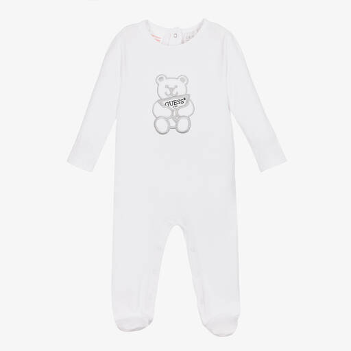 Guess-White Embroidered Cotton Bear Babygrow | Childrensalon