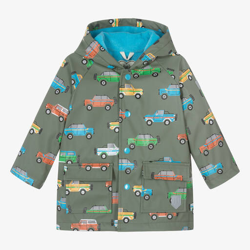 Hatley-Baby Boys Green Cars Hooded Raincoat | Childrensalon
