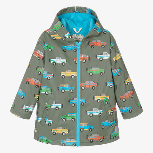 Hatley-Boys Green Cars Hooded Raincoat | Childrensalon