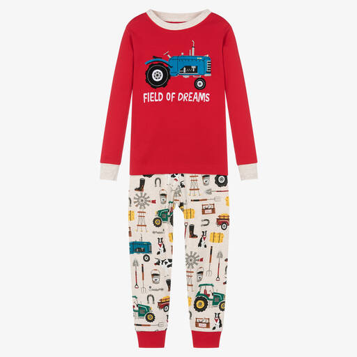 Little Blue House by Hatley-Boys Red & Beige Cotton Tractor Pyjamas | Childrensalon