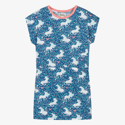 Hatley-Girls Blue Cotton Unicorn Dress | Childrensalon