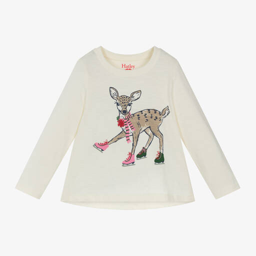 Hatley-Girls Ivory Cotton Festive Deer T-Shirt | Childrensalon